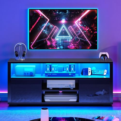 YITAHOME TV Stand for 55 inch TV, Black Modern Entertainment Center with Storage, LED TV Stands for Living Room, High Glossy TV Console Cabinet, Black