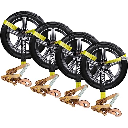 Car Tie Down with Snap Hooks- 4 Pack 2"x96" with 3,300lb Safe Working Load - Adjustable Straps with Snap Hooks Tire Straps for a Car Trailer (Yellow)