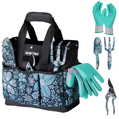 WORKPRO 5PCS Garden Tool Set, Aluminum Heavy Duty Gardening Tool Set with Garden Tool Bag, Outdoor Garden Hand Tools, Floral Blue Blue flower with bag