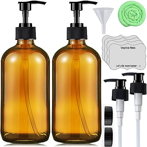 Amber Glass Soap Dispenser 16 Oz - Empty Bottles Set with Black Pumps & Lids & Lables for Refillable Shampoo Conditioner Bathroom Shower Wash Hand Bod
