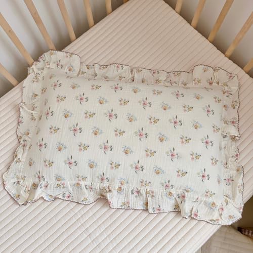 BuLuTu Cotton Muslin Kids Toddler Pillowcase with Cute Azalea Flowers Pattern Super Soft Crib Nursery Pillowcase for Boys,Girls,Bedding Decor Machine