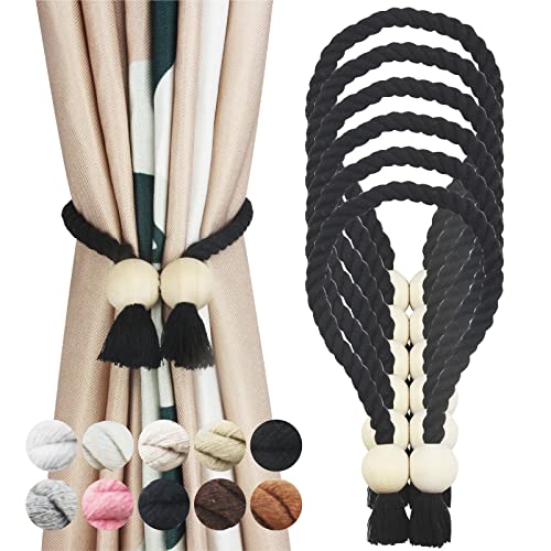 6 Pack Black Magnetic Curtain Tiebacks Cotton Hand Woven Tieback Holdback Decorative Tie Backs for Drapes with Wooden Buckle No Tools Required Black 6