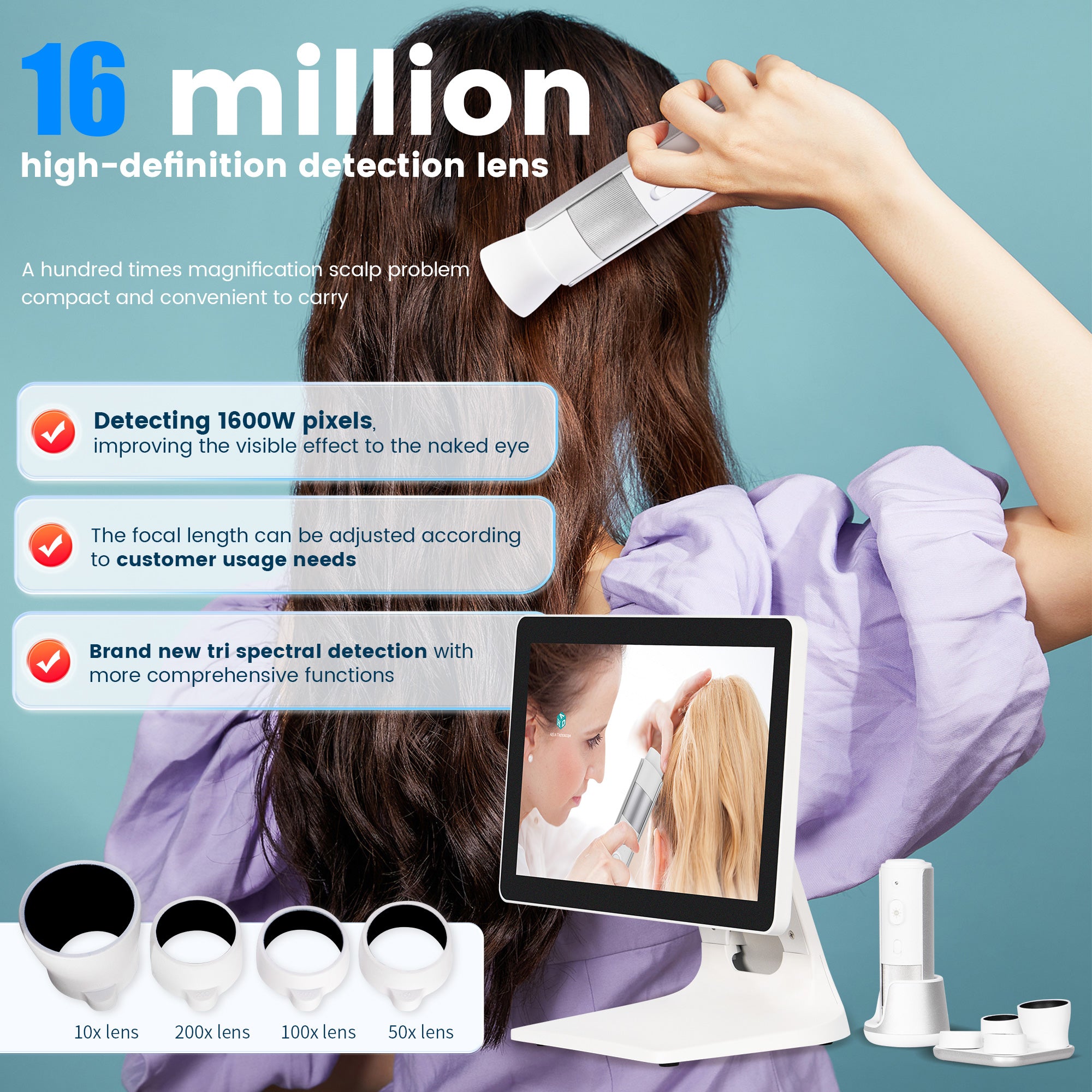 Professional Hair And Skin Scanner Intelligent 4 Probes Scalp Analyzer for Hair Analysis 10-200 Channels Salon Grade