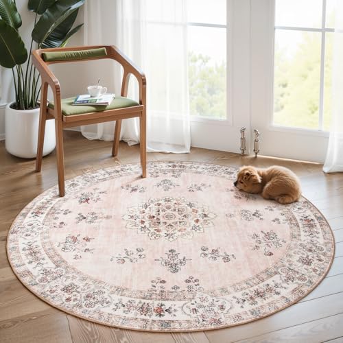 Lahome Washable Pink Round Rug 6ft, Soft Europe Vintage 6x6 Circle Rug for Nursery Girls Bedroom,Non-Slip Floral Pastel Circular Carpet for Living Roo