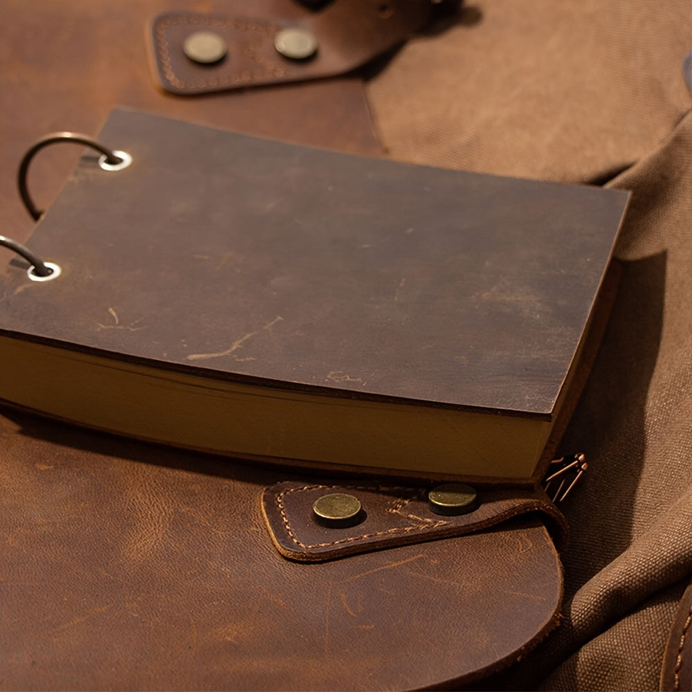 TEMU Vintage-style High-quality Leather Journal - Loose-leaf Notebook With Metal Rings, Brown Cover & Stitched Detailing - Gift,