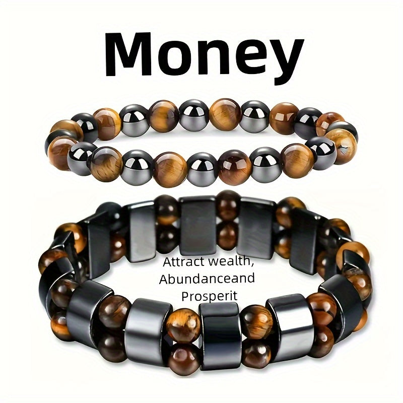 TEMU 2pcs Double Protection Bracelets, And Wealth- Featuring Tiger Eye Stone And Obsidian Handmade Bracelets, The For Holiday Gifts