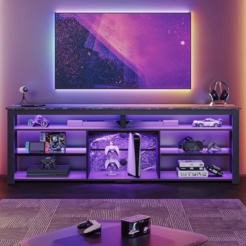 Bestier Tall LED TV Stand for 70-75-80 inch TV, Modern Black Marble Entertainment Center with Storage for PS5, Gaming Console for Living Room & Bedroo