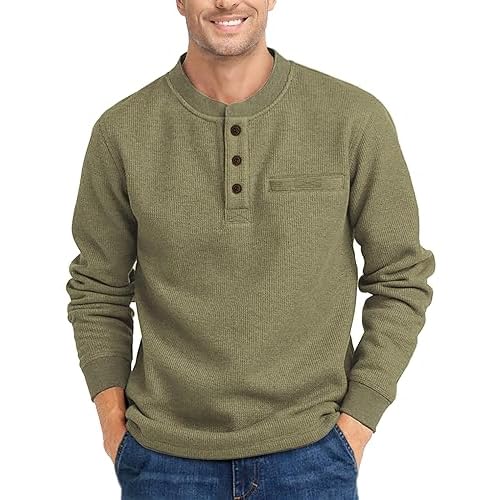 ZITY Long Sleeve Henley Shirts for Men Casual Waffle Thermal Fashion Pullover 3-Button T-Shirt with Pocket Medium Olive Green