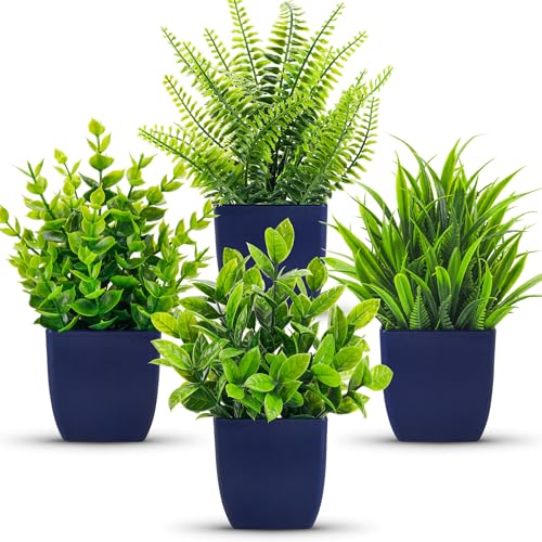 Der Rose 4 Pack Fake Plants Small Artificial Plants in Blue Pots Faux Plants Indoor for Home Room Bathroom Living Room Decor 4-blue