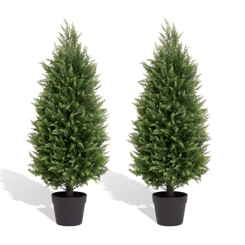 3ft Artificial Cedar Topiary Trees Set of 2 – UV Resistant Outdoor Faux Plants, Fake Evergreen Bushes & Shrubs for Porch Patio Front Door Outside Pl