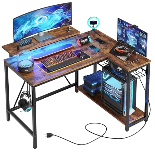 Bestier Gaming Desk with Power Outlets, 42" L-Shaped Gaming Desk with LED Lights, Desk with Reversible Storage Shelves & Hooks for Small Spaces, Bedro