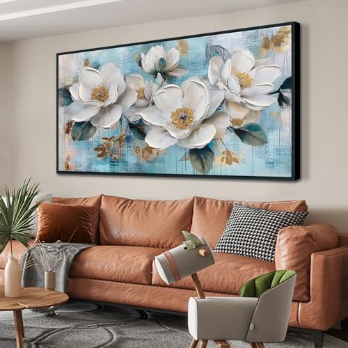 Ardemy Flower Wall Art for Living Room，White Gold Floral Canvas Framed Wall Art Painting Artwork Bedroom Picture Wall Decor Home Office 40"x20" 40"L