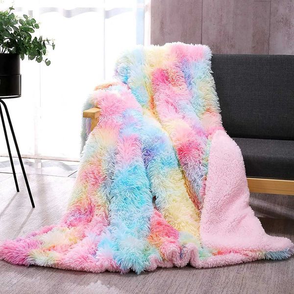Faux Fur Throw Blanket Tie Dye Fluffy Blanket Super Soft Rainbow Blanket Luxury Warm Plush Thick Sherpa Throws for Bed CouchC241128