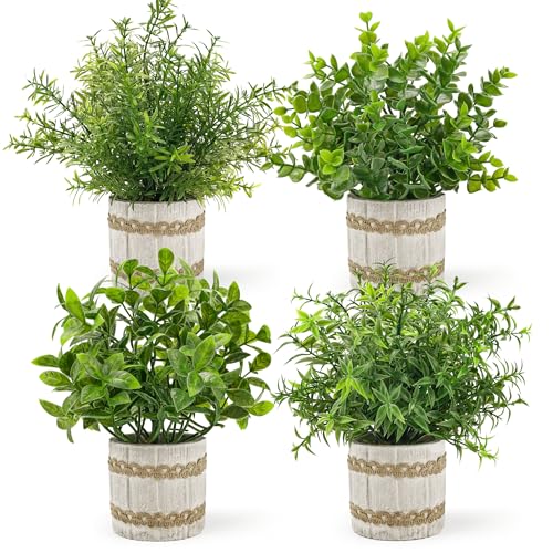 Der Rose 4 Pack Small Fake Plants Indoor Mini Artificial Plants for Home Office Farmhouse Decor Bathroom Bedroom Kitchen Desk Decor 4-green