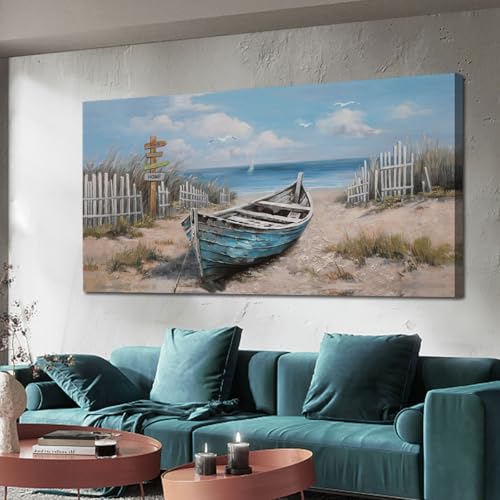 Ardemy Blue Coastal Canvas Wall Art for Living Room Textured Beach Painting Turquoise Teal Bedroom Picture Boat Artwork Home Office Kitchen Wall Decor