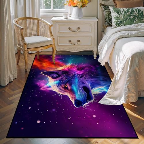 Galaxy Wolf Rug Large 3D Fierce Wolves Area Rugs for Bedroom Living Room Playroom Gameroom Boys Kids Colorful Glitter Throw Rugs Floor Mat Carpet 71 i