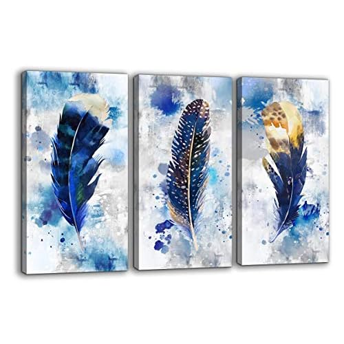 Pogusmavi Blue Canvas Wall Art for Living Room Large Modern Artwork Watercolor Feather Print Picture 3 pieces Canvas Wall Art Bedroom Wall Decor Ready