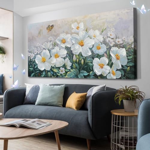 Ardemy Flower Wall Art，Extra Large Canvas Wall Art for Living Room Retro White Gold Floral Painting Picture Textured Bedroom Wall Decor Dining Home