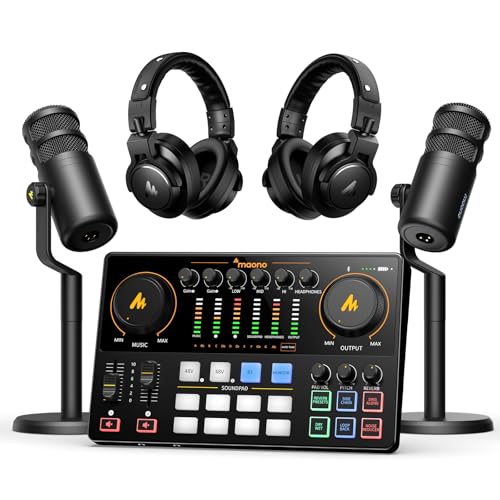 MAONO Podcast Equipment Bundle for 2: Audio Interface Mixer with 2 XLR Dynamic Mic and 2 Headphone Podcast Streaming MaonoCaster E2 Gen2+2*PD100+2*MH7