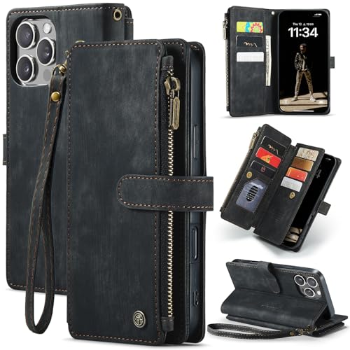for iPhone 16 Pro Max Case with 10 Card Holder Slots Magnetic Zipper Pocket Pouch Flip KicStand Durable Premium Leather PU with Lanyard Strap Wristlet