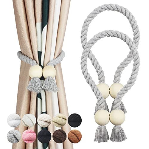 2 Pack Grey Magnetic Curtain Tiebacks Cotton Hand Woven Tieback Holdback Decorative Tie Backs for Drapes with Wooden Buckle No Tools Required Grey 2