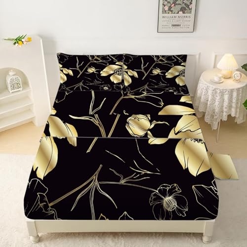 Floral Sheet Set: Black and Gold Flower Bedding Set Full-Queen Size for Girls Teens Women Kids Aesthetic Luxury Bedroom Bed - 1 Flat Sheet, 1 Fitted S