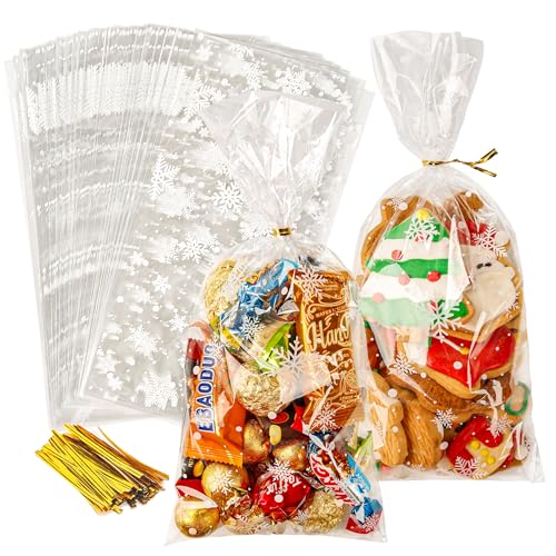 NPLUX Snowflake Cellophane Treat Bags Clear Gift Bags with Ties Perfect for Christmas and Winter Holiday Party(White,100 PACK)