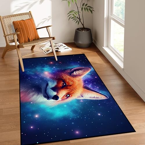 Galaxy Fox Rug 3D Cute Foxes Area Rugs for Bedroom Living Room Playroom Boys Kids Cartoon Colorful Carpet Glitter Stars Throw Rugs Floor Mat 59 in x 3