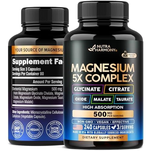 Magnesium Supplement - 5 in 1 Complex 500 mg | Glycinate | Citrate | Malate | Taurate | Oxide - Made in USA - Stress, Muscle & Heart Support - Vegan,
