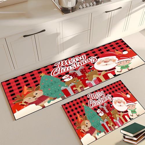 Christmas Kitchen Rugs Sets of 2, Merry Christmas Floor Mats Doormat Gift Santa Claus Reindeer Non-Slip Washable Winter Snowflakes Xmas Rug Indoor Hom