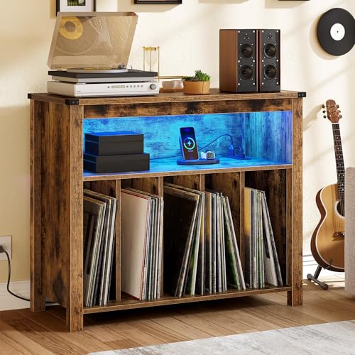 YITAHOME Large Record Player Stand with Power Outlets & LED Lights, Vinyl Record Storage Table with Display Shelf Holds Up to 120 Albums, Turntable St
