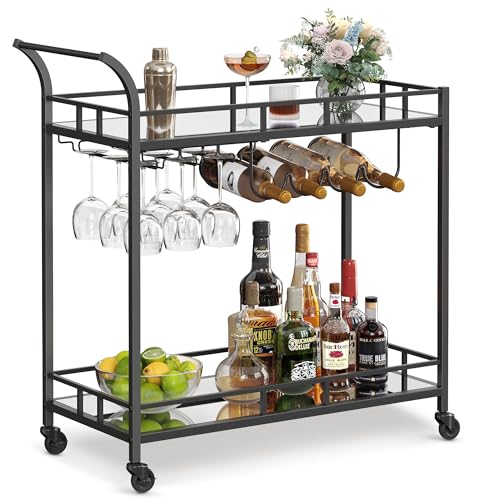 VASAGLE Bar Cart Black, Home Bar Serving Cart, Wine Cart with 2 Mirrored Shelves, Wine Holders, Glass Holders, for Kitchen, Dining Room, Black ULRC090