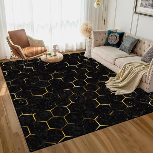 6' x 9' Geometric Rug Black and Gold Area Rugs for Bedroom Dorm Living Room Moroccan Honeycomb Modern Aesthetic Throw Rug Floor Mat Pad Doormat Carpet