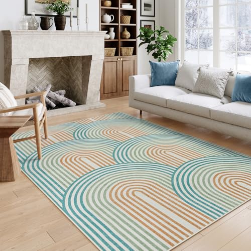 Moynesa Abstract Rainbow Washable 5x7 Area Rugs, Non Slip Soft Bedroom Rug Ultra-Thin Colored Accent Playroom Rug, Mid Century Modern Carpet for Livin