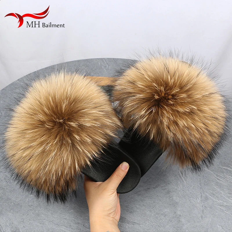 Real Raccoon Fur Slippers For Women Summer Fluffy Indoor House Fuzzy Flat Slides Outdoor Fashion Beach Sandals Flip Flops 240809