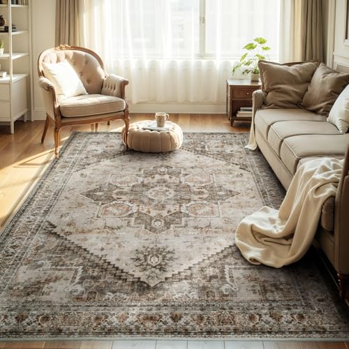 Beige Large 9x12 Area Rugs for Living Room Rug Bedroom Rug-Carpet Washable Neutral Dining Room Rugs for Under Table Soft Comfortable Non Slip Vintage