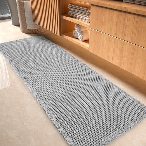 Waffle Bath Mat-Runner Rug, Super Absorbent Non Slip Bath Mats for Bathroom Machine Washable Long Rugs with Tassels, Bath Rugs for Bathroom Floor Besi