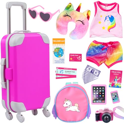 ZITA ELEMENT 24 Pcs 18 Inch Girl Doll Accessories Suitcase Luggage Travel Set Including 18 Inch Doll Clothes Luggage Pillow Blindfold Sunglasses Camer