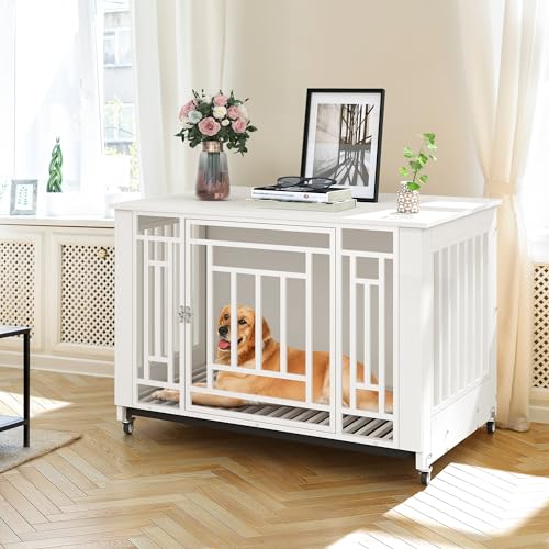 YITAHOME Dog Crate Furniture, Heavy Duty Dog Cage, Wooden Side End Table with Wheels, Chew-Resistant Metal Dog Kennel with Removable Tray, Dog House I