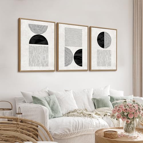 Framed Black and White Wall Art Canvas Set Mid Century Boho Pictures Modern Geometric Lines Circles Wall Decor Minimalist Bohemian Abstract Painting A