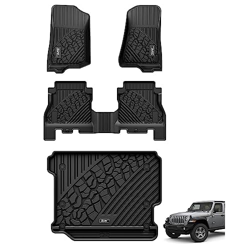 3W Floor Mats&Cargo Liner Fit for Jeep Wrangler JL 2018-2024 2025 Unlimited 4-Door Sahara Willys Rubicon Without Subwoofer (Non JK or 4XE) All-Weather