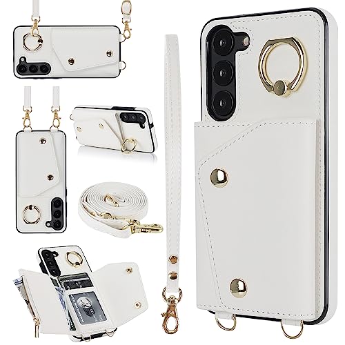 for Samsung Galaxy S25 Plus Luxury Zipper Wallet Case with Ring, Multi Card Holder Adjustable Crossbody Strap, Fashion Wallet Bag.(White) White S25 Pl