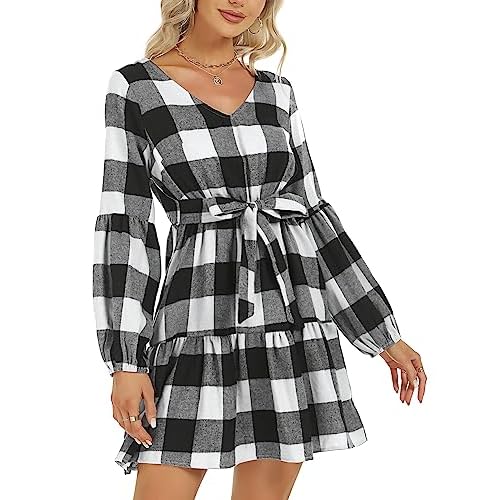 ROYLAMP Women's Tunic Dresses Long Sleeve V Neck Plaid Tie Waist Ruffle Swing Shift Casual Mini Dress with Pocket Large Plaid White