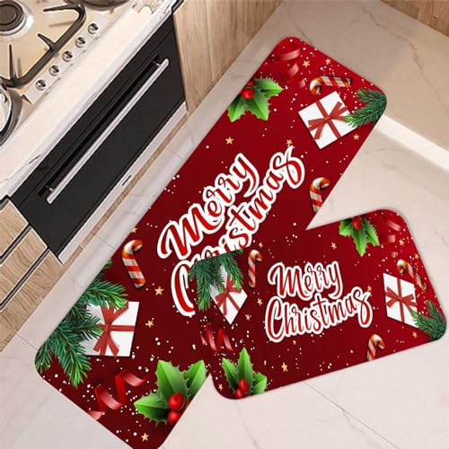 Christmas Kitchen Rugs Sets of 2, Gift Merry Christmas Floor Mats Ribbon Non-Slip Washable Snowflakes Xmas Area Rug Doormat Indoor Home Decor,16"x24"