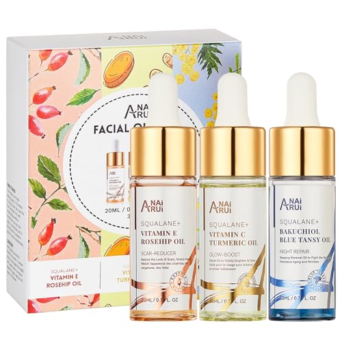 ANAI RUI Squalane Facial Oil Set,Face Oil Gift Set, Vitamin E Rosehip Oil +VC Turmeric Oil +Bakuchiol Oil,Soothing ,Stocking Stuffer for Women 20 ML-