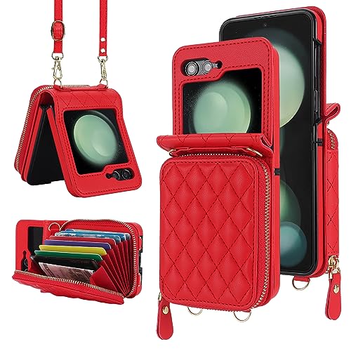 for Samsung Galaxy Z Flip 5 Zipper Wallet Case with Accordion Card Holder, 8 Card Slots Large Capacity and Anti-Theft Security.(Red) Red Samsung Galax