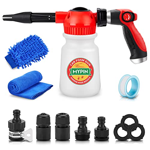 New Rotary Dial 16 in 1 Car Wash Foam Gun, Foam Cannon, Adjustable Hose Wash Sprayer with 2.5-6 Bars Foam Blaster, with Nozzles, Wash Mitten &Towel, w