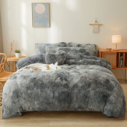 Tie Dye Dark Gray Plush Fluffy Comforter Cover Set King- Ultra Soft Faux Fur tie dye Bedding Sets 3 Pieces (1 Shaggy Duvet Cover + 2 Pillow case) Fluf