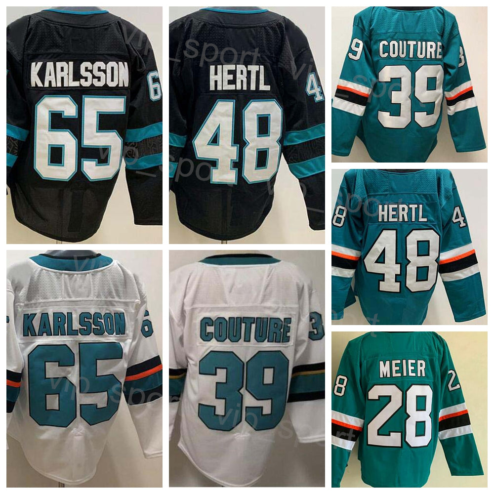 Men Blank Ice Hockey 48 Tomas Hertl Jerseys Reverse Retro 65 Erik Karlsson 28 Timo Meier 39 Logan Couture Team Black Green White Color All Stitching