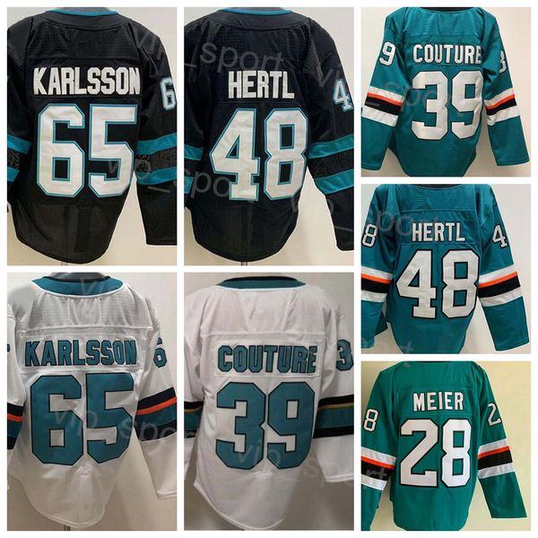Men Blank Ice Hockey 48 Tomas Hertl Jerseys Reverse Retro 65 Erik Karlsson 28 Timo Meier 39 Logan Couture Team Black Green White Color All S